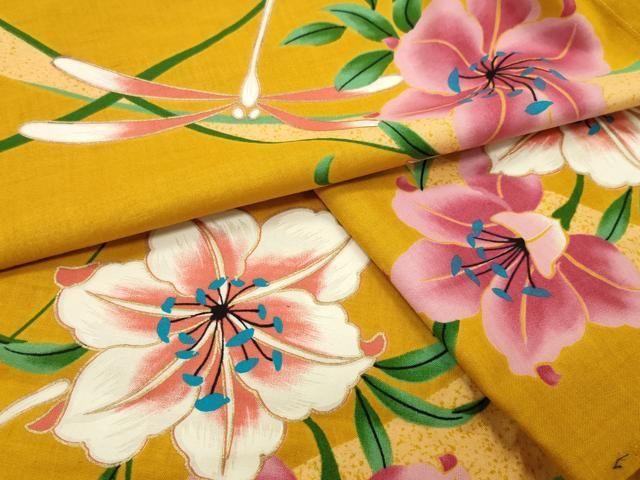 平和屋着物∴夏物　浴衣　トンボ　草花文　金彩　綿　逸品　CABG4152gh