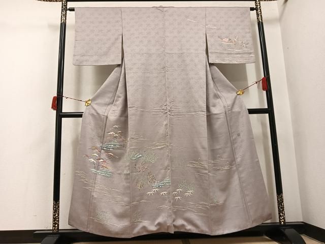 平和屋着物●訪問着　友禅　作家物　風景松笹文　正絹　逸品　AABI6292ph
