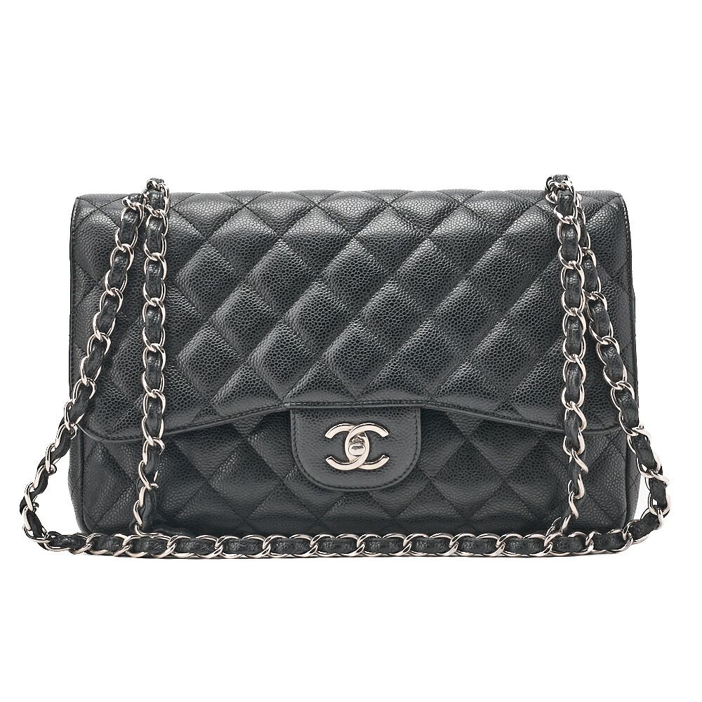 CHANEL　シャネル　キャビアスキン　デカマトラッセ　30cm　ダブルフラップ チェーンショルダーバッグ 黒 （シルバー金具） レディース バッグ レディース【中古】【送料無料】
