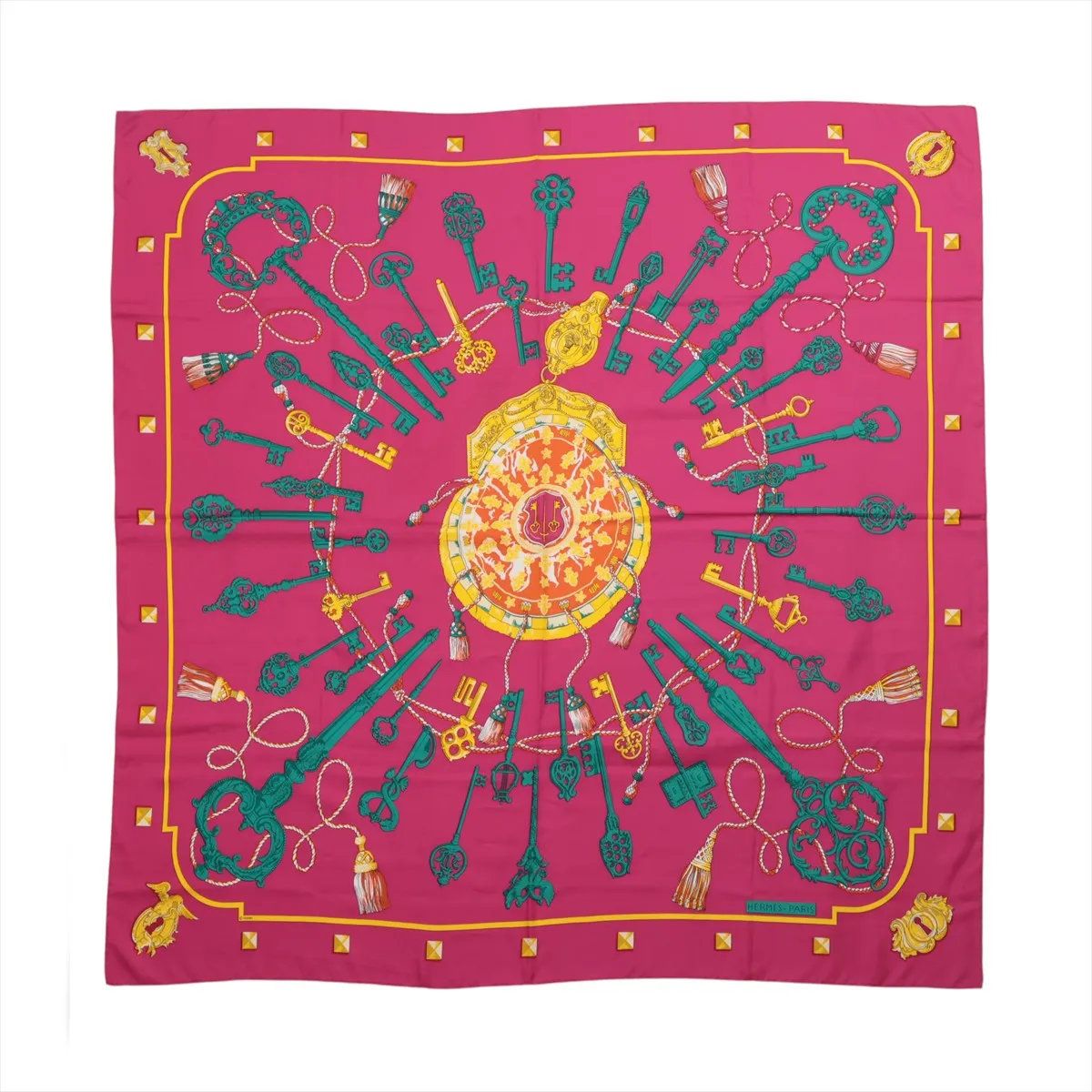 1円 極美品 エルメス タグ付 カレ ジェアン 140 LES CLES 鍵 シルク 100％ スカーフ レディース メンズ MMM DW50-6【中古】