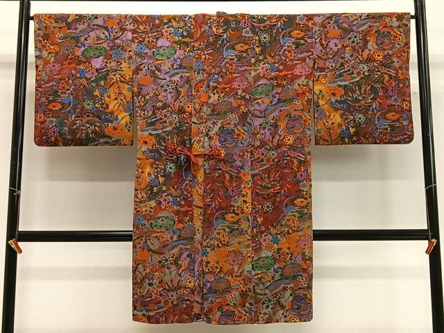 平和屋着物∞道中着　型染め　草花文　鬼しぼ縮緬　正絹　逸品　CABG3713ua