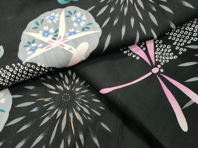 平和屋着物∴夏物　浴衣　トンボ　朝顔　黒地　綿　逸品　CABG4144gh