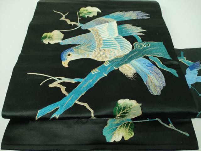平和屋着物●アンティーク　大正ロマン　九寸名古屋帯　総手刺繍　鷹　黒地　金糸　正絹　逸品　DABE5460ps
