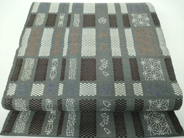 平和屋着物●八寸名古屋帯　紬地　刺し子　麻の葉花間道　正絹　逸品　DABE5464ps