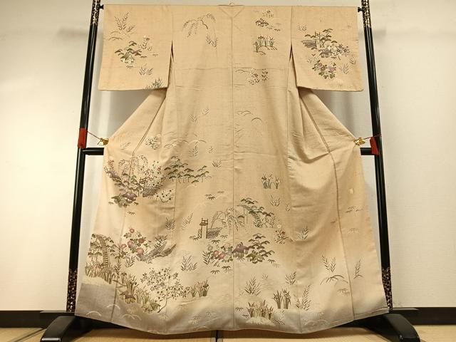 平和屋着物●訪問着　紬地　作家物　松竹梅　風景花文　やまと誂製　正絹　逸品　AABI1428fy