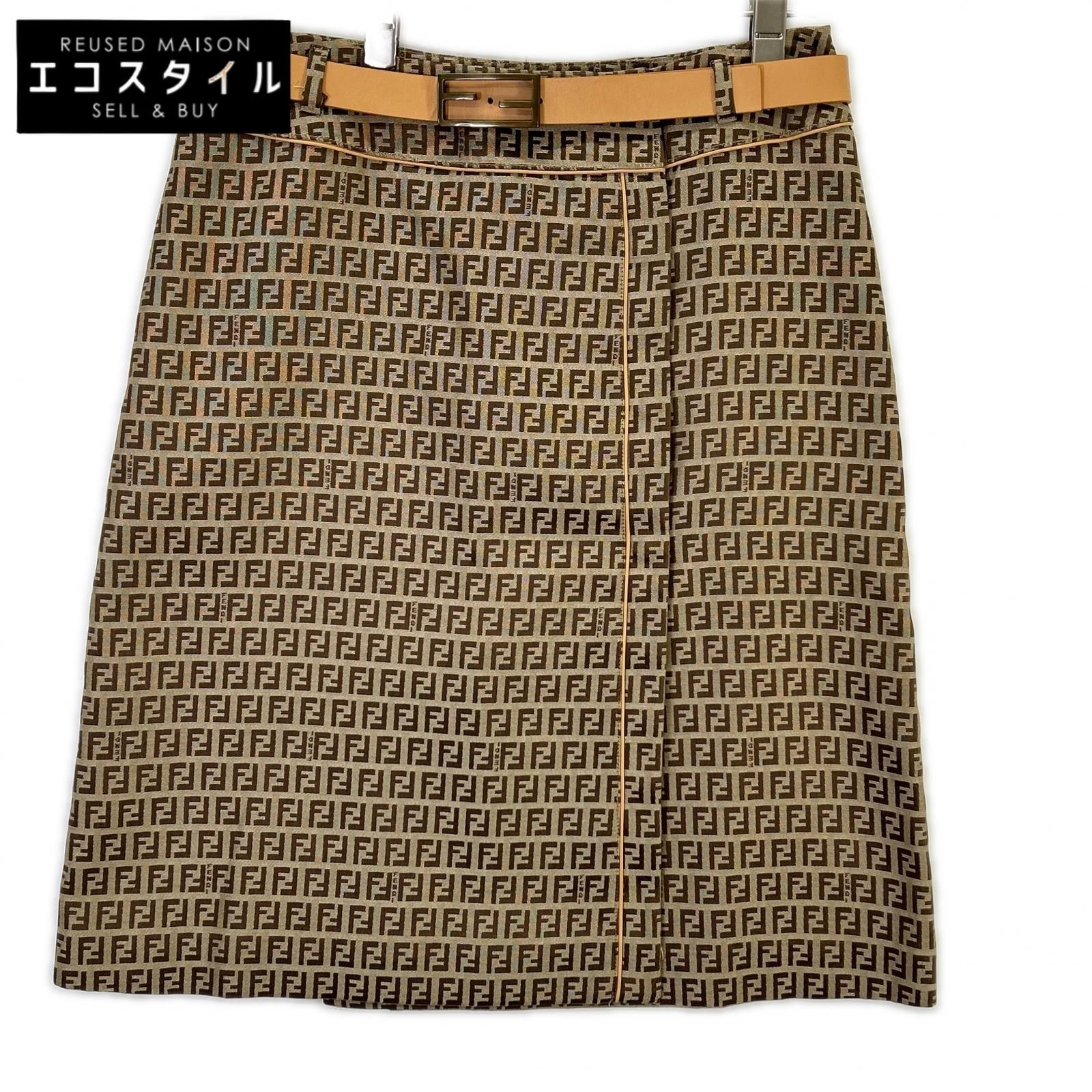 FENDI　フェンディ　ベージュ ズッカ柄 ベルト付き ジャガード ラップスカート　42