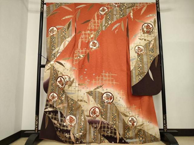 平和屋着物●豪華振袖　駒刺繍　花蝶丸文　金彩　正絹　逸品　AABI4465ck