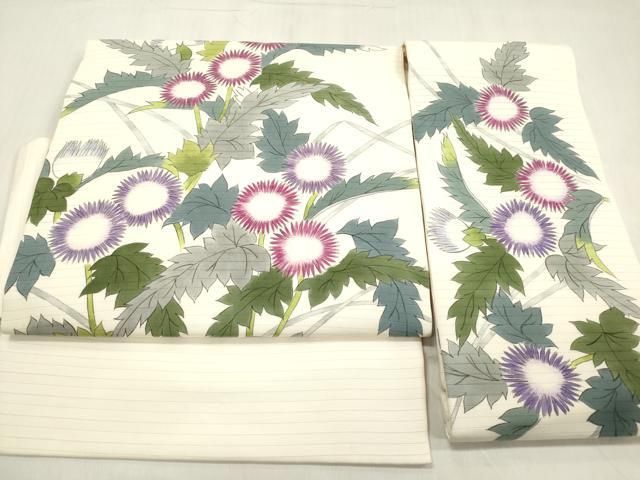 平和屋着物＊夏物　絽塩瀬　つけ帯　手描き　薊　アザミ　正絹　逸品　DABB6965ea