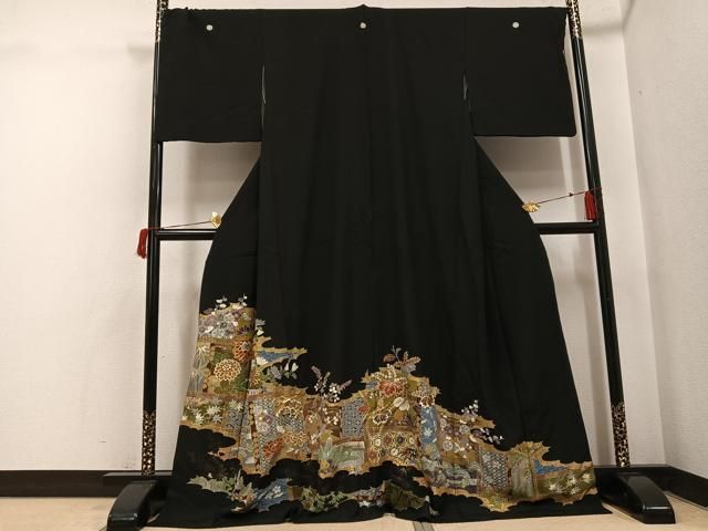 平和屋着物●創業460年・千總　黒留袖　駒刺繍　草花文　金彩　ロング丈　正絹　逸品　AABI0449ph