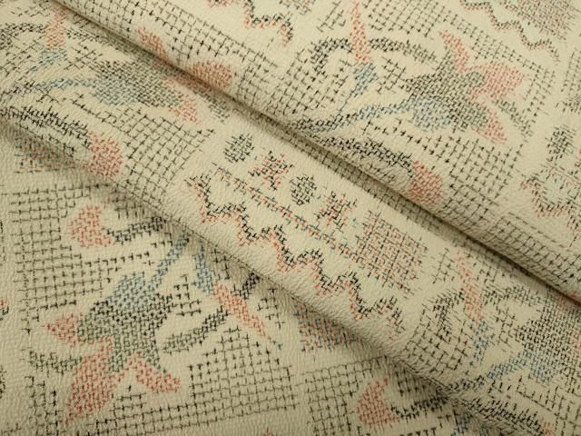 平和屋着物▽本塩沢　単衣　色紙枝花文　正絹　逸品　CABF3134ze