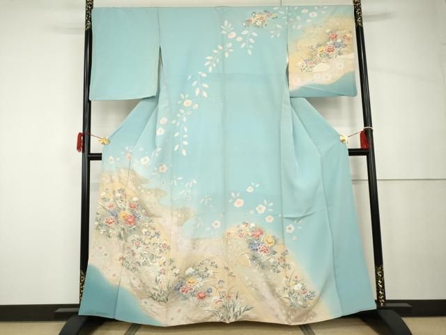 平和屋着物●訪問着　絞り　鴛鴦草花文　暈し染め　金彩　正絹　逸品　AABH3800cs
