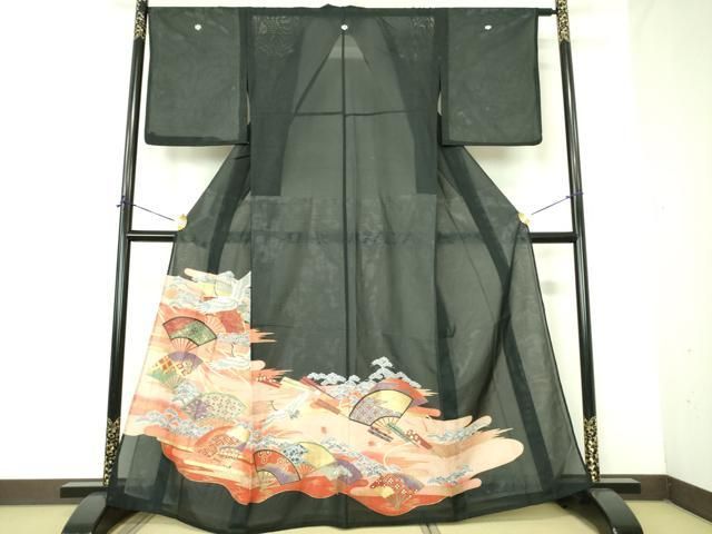 平和屋着物＊夏物　黒留袖　絽　飛鶴扇面花文　金彩　洗える着物　DABE1387op
