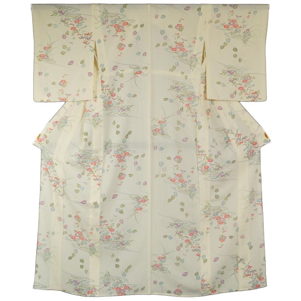 夏物 小紋 絽 流水に花垣模様 夏 着物 夏物 Mサイズ 【送料無料 中古 
