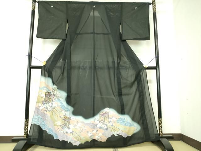 平和屋着物＊夏物　黒留袖　絽　御所車花文　暈し染め　金彩　洗える着物　DABE1390op
