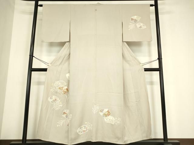 平和屋着物▽訪問着　単衣　駒刺繍　若松葉花文　金彩　正絹　逸品　DABE4142az
