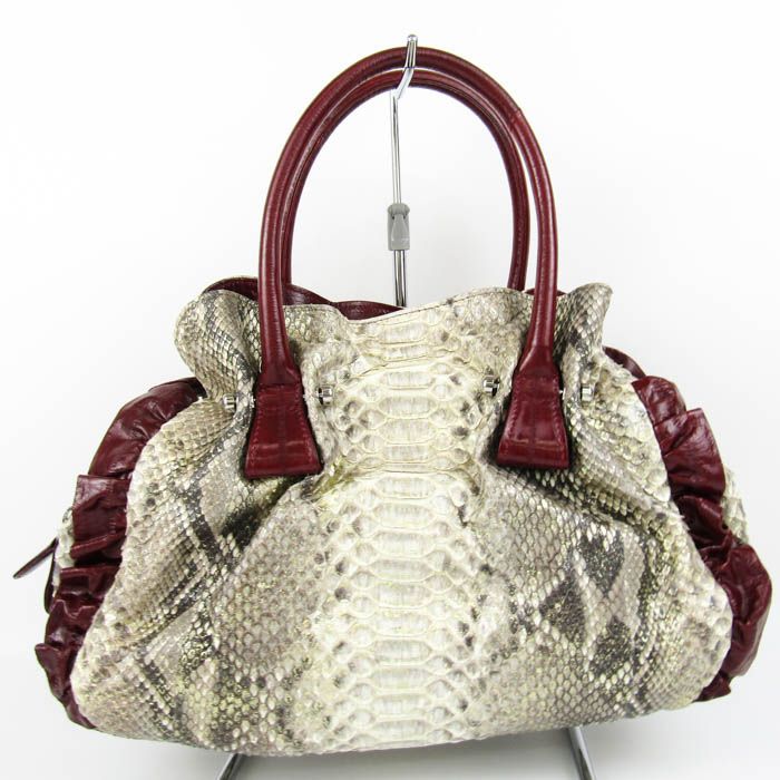 パイソン レザー ハンドバッグ 2way ショルダーバッグ 本革 鞄 カバン レディース ベージュ×ボルドー Python 【中古】