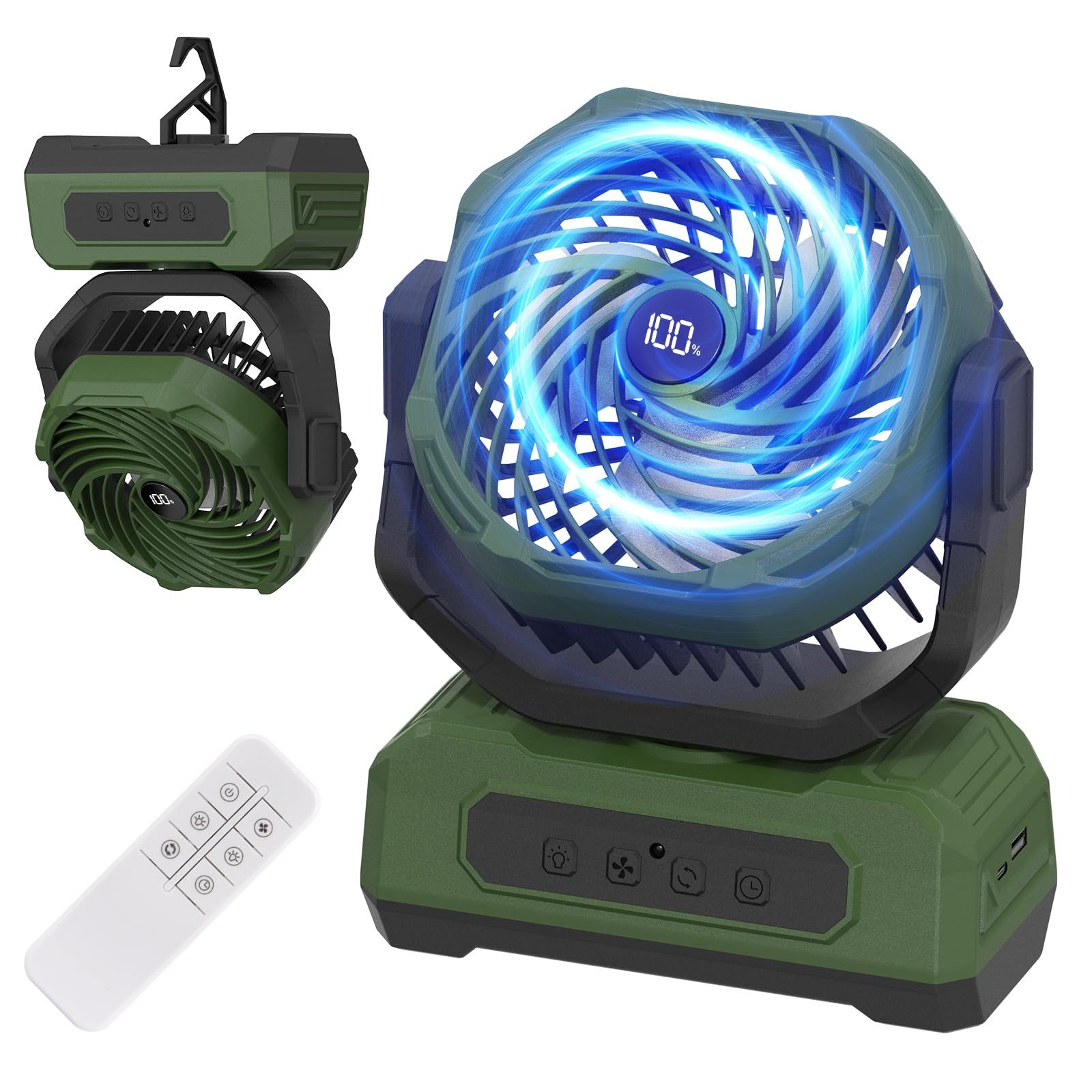 【6色LEDライト･電力量&風量LEDデジタル表示】キャンプ 扇風機 アウトドア 充電式 dcモーター コードレス 20000mAh 最大65時間連続使用 風量4段階調節 パワフル送風 自動首振り リモコン付き タイマー機能多機能 低騒音 吊 8c413446