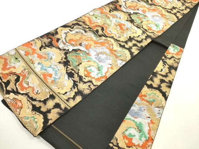 平和屋着物◎西陣 六通柄 本袋帯 唐織 墨流し文様 黒地 金銀糸 正絹