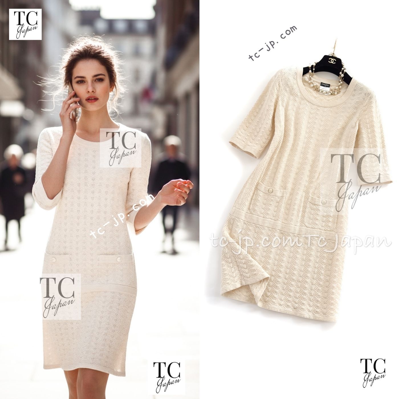 シャネル ワンピース CHANEL アイボリークリーム 春夏 サマー コットン ニット 54万 カールラガーフェルド やわらか 着心地 34