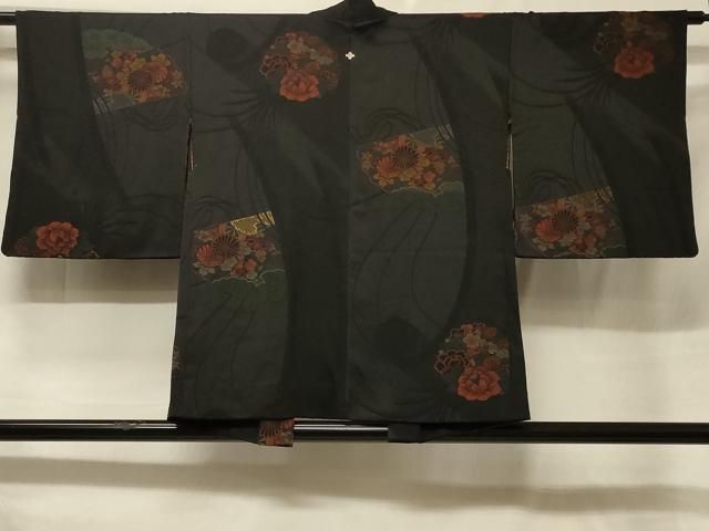 平和屋着物#羽織 寿光織 檜扇草花丸文 黒地 金糸 正絹 逸品 CABF1262in