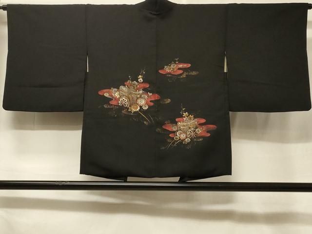 平和屋着物＃羽織　寿光織　御所車草花文　黒地　金銀糸　正絹　逸品　CABF1264in