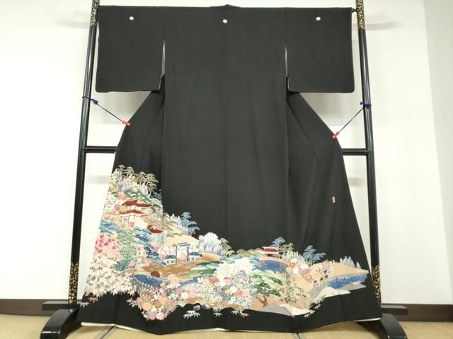 平和屋着物●豪華黒留袖　友禅　作家物　流水風景草花文　正絹　逸品　DABD9184ud