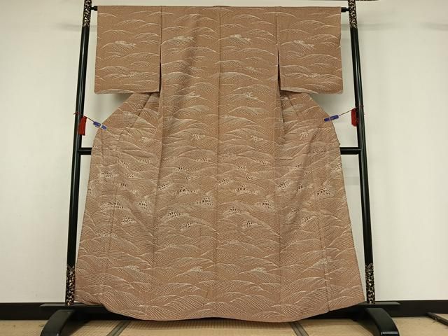 平和屋着物▽訪問着　単衣　紬地　立波文　正絹　逸品　AABH2230jh