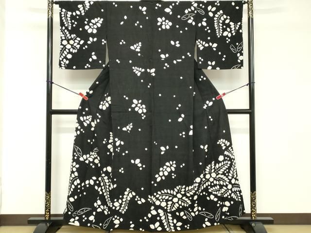 平和屋着物▽訪問着　単衣　紬地　絞り　草花文　黒地　正絹　逸品　DABD2885cd