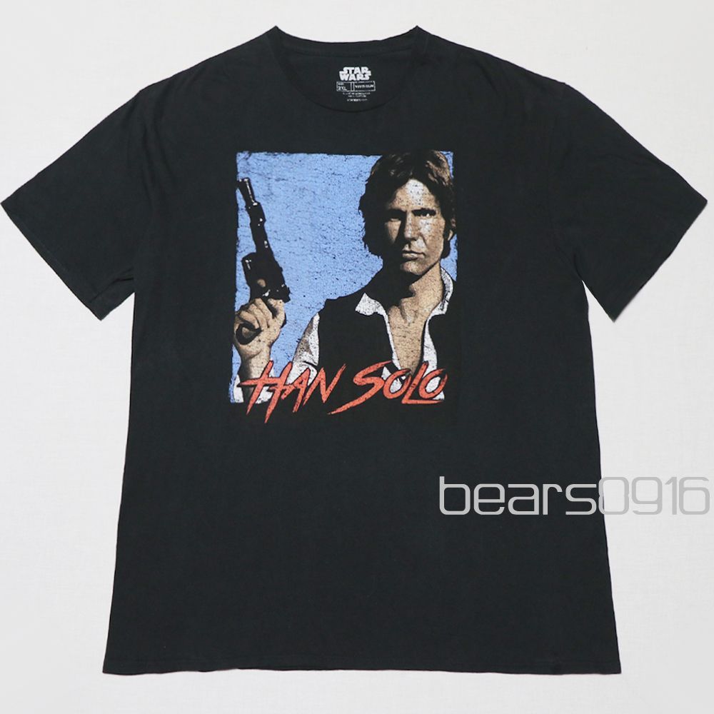 スターウォーズ Tシャツ メンズ 2XL ハンソロ ハリソンフォード 全面フォトプリント ヴィンテージ 黒 ムービー 古着 クルーネック ビックサイズ オーバーサイズ 半袖 USED品 アメリカ購入