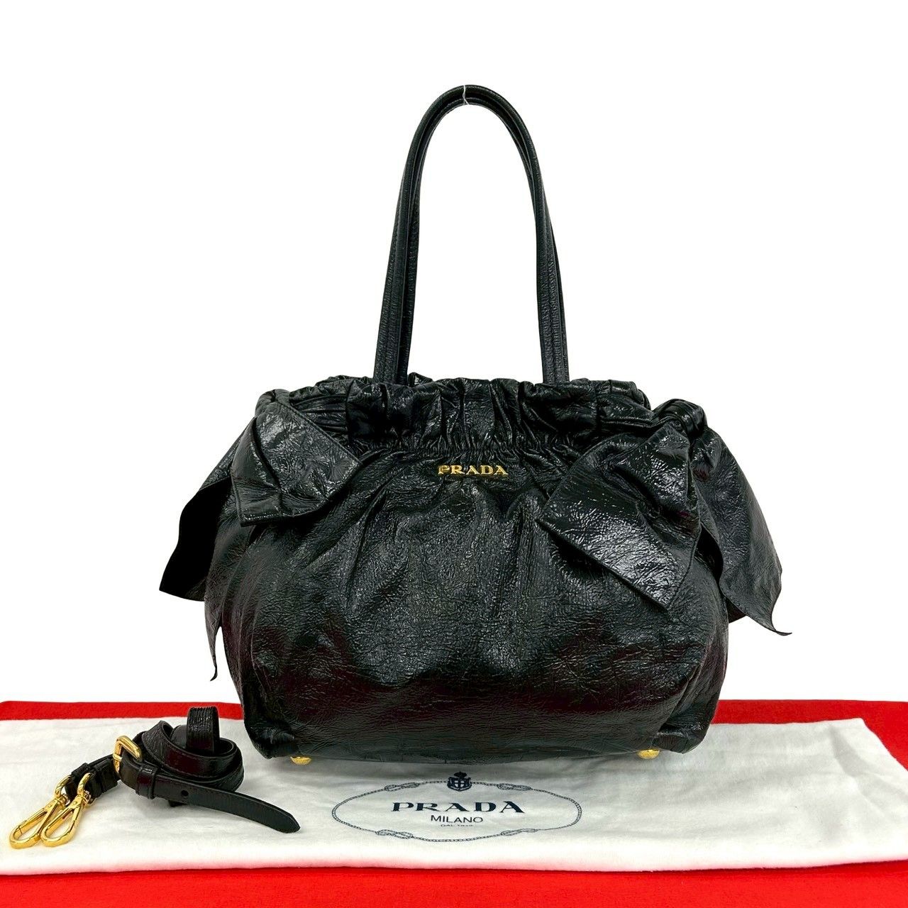 極 美品 袋付 PRADA プラダ ロゴ 金具 サイドリボン レザー 本革 2way 