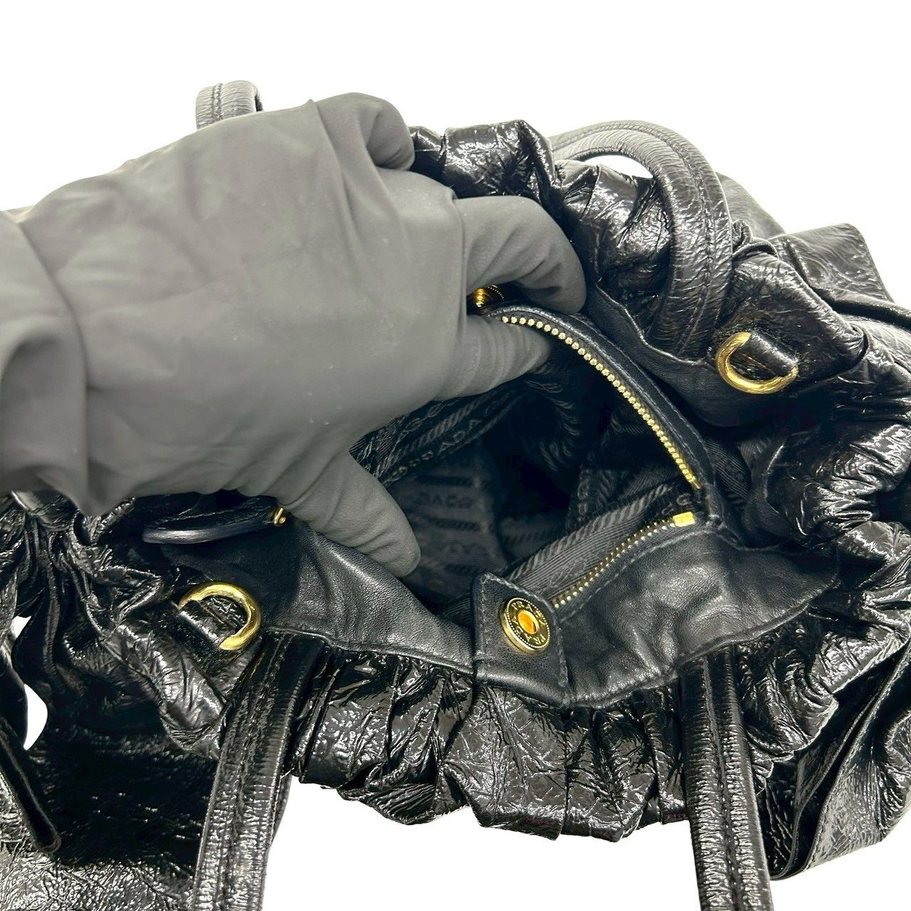 極 美品 袋付 PRADA プラダ ロゴ 金具 サイドリボン レザー 本革 2way 