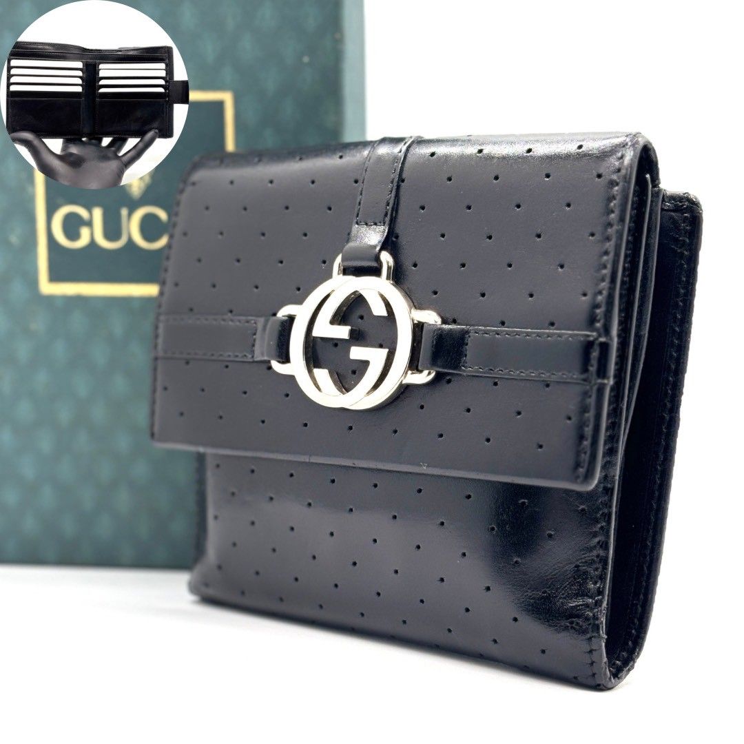 【静寂に宿る反骨】　GUCCI　二つ折り財布 インターロッキング パンチング レザー Wホック オールドグッチ　ブラック