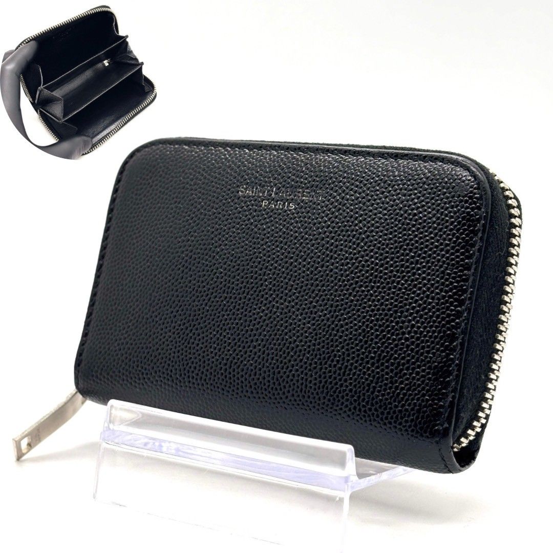 【黒に宿る静かな意思】　SAINT LAURENT　コインケース コンパクトウォレット キャビアスキン ラウンドファスナー YSL　ブラック