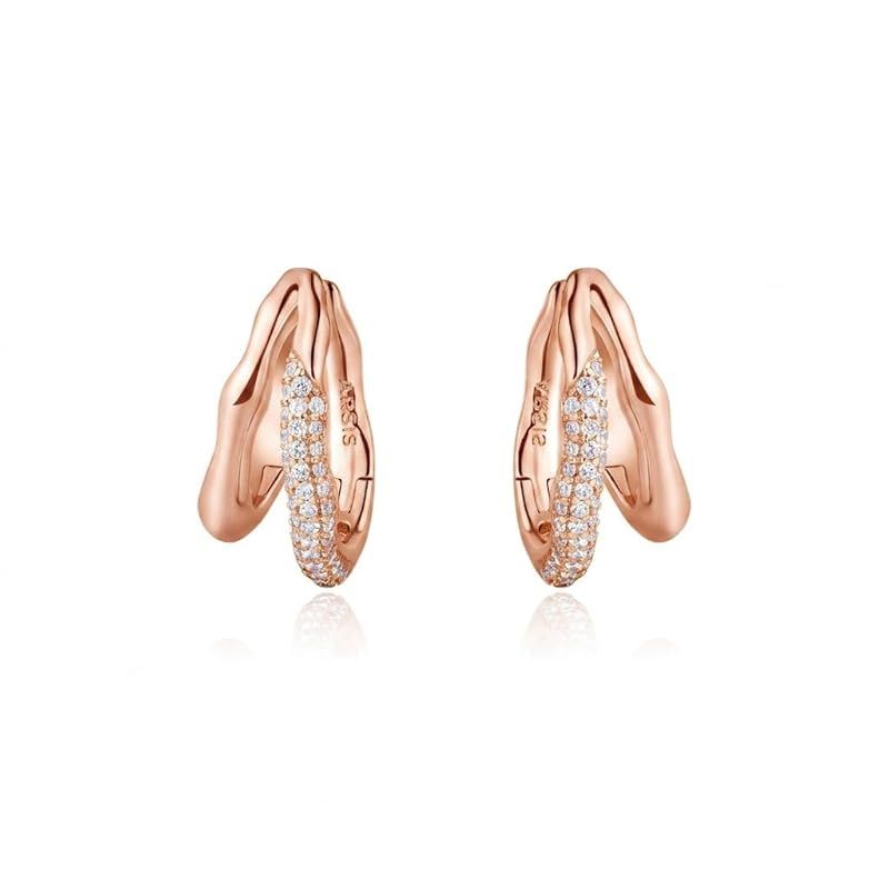 ARSIS フープピアス つけっぱなし プラチナ キュービックジルコニア 金属アレルギー対応 レディース 錆びない ダブルフープ リングピアス シンプル デイリー オフィス 通勤 プレゼント 女性 ジュエリー 18k 人気 両耳用 ギフトBOX付き ローズゴー