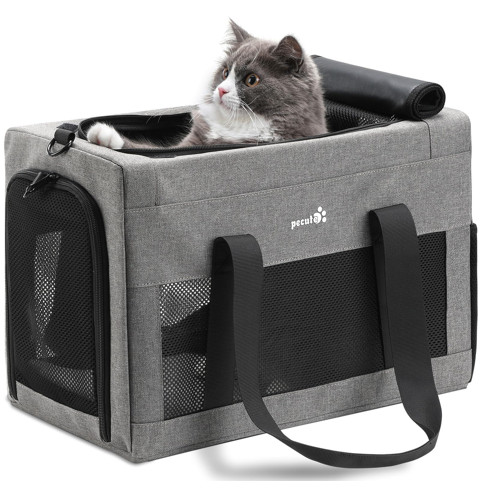 Pecute ペットキャリー 猫キャリー バッグ 手提げ 猫 キャリー ショルダー 猫 きゃりーバッグ 猫 ウサギ 小型犬 小動物用 リュック 通気性 折りたたみ お出かけ ドライブ 旅行 通院 防災 避難用 ライトグレーas 0cd8359f