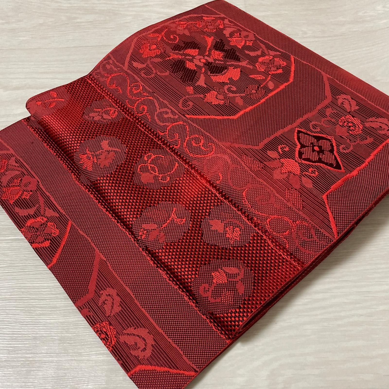 本場筑前博多織 名古屋帯 花唐草 八寸 正絹 着物 X-2842