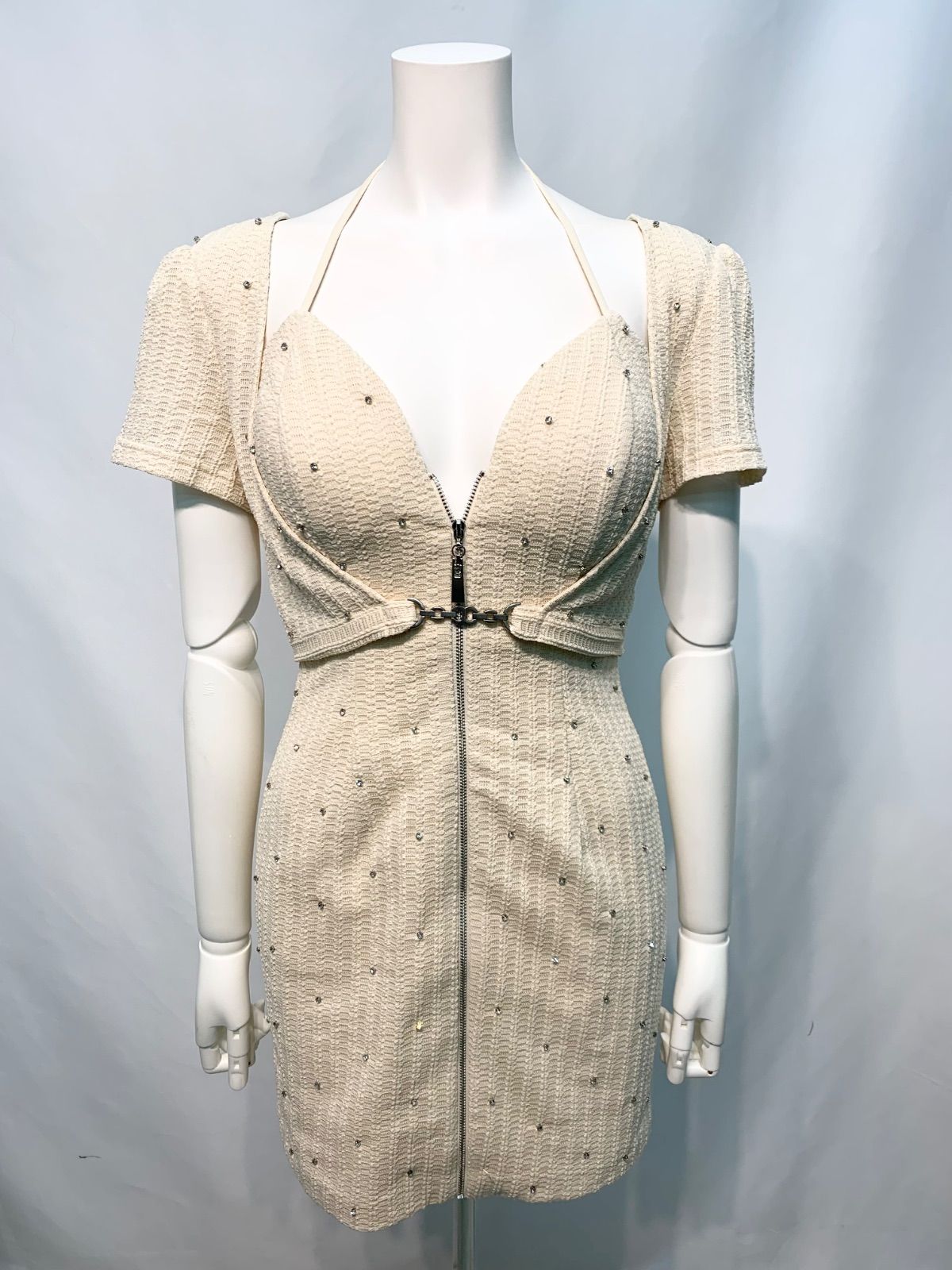 2877 ROBE de FLEURS Glossy ローブドフルール グロッシー キャバクラ ドレス ホルターネック 2way ニット ストーン フロントジップ 伸縮性 タイト ミニ キャバドレス M