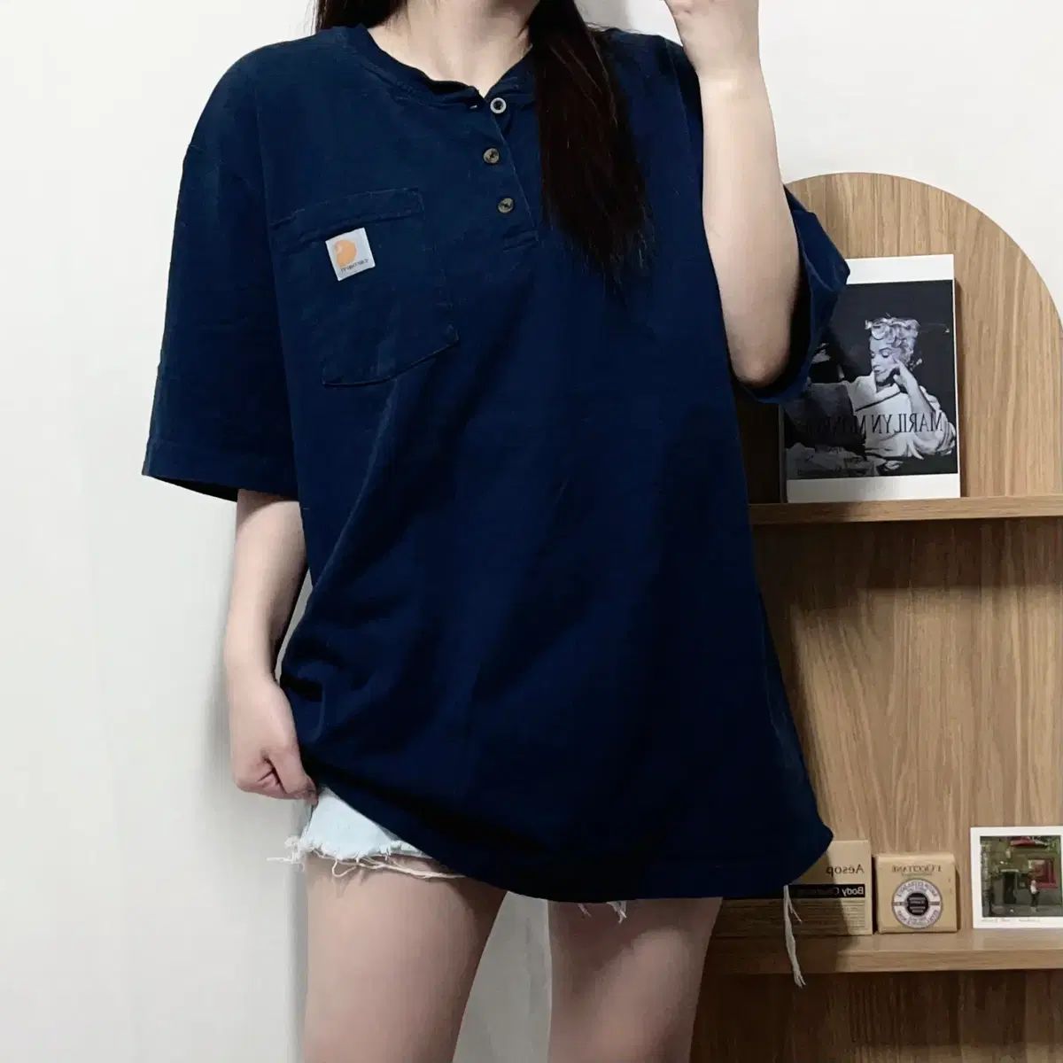 正規品 カーハート 딥ネイビー ヘンリーネック ポケット 半袖Tシャツ オリジナル L