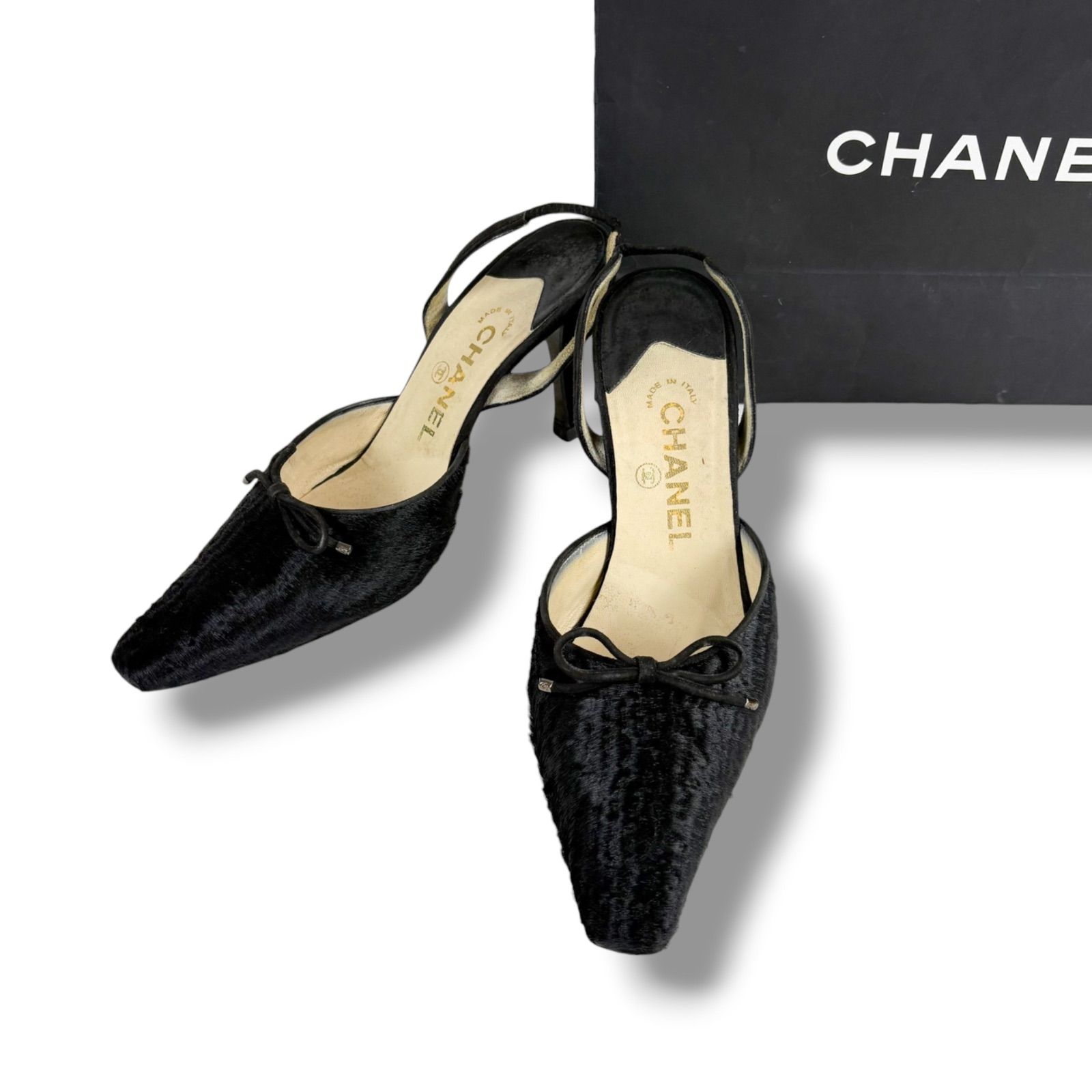 シャネル CHANEL リボン スリングバック スクエアトゥ パンプス