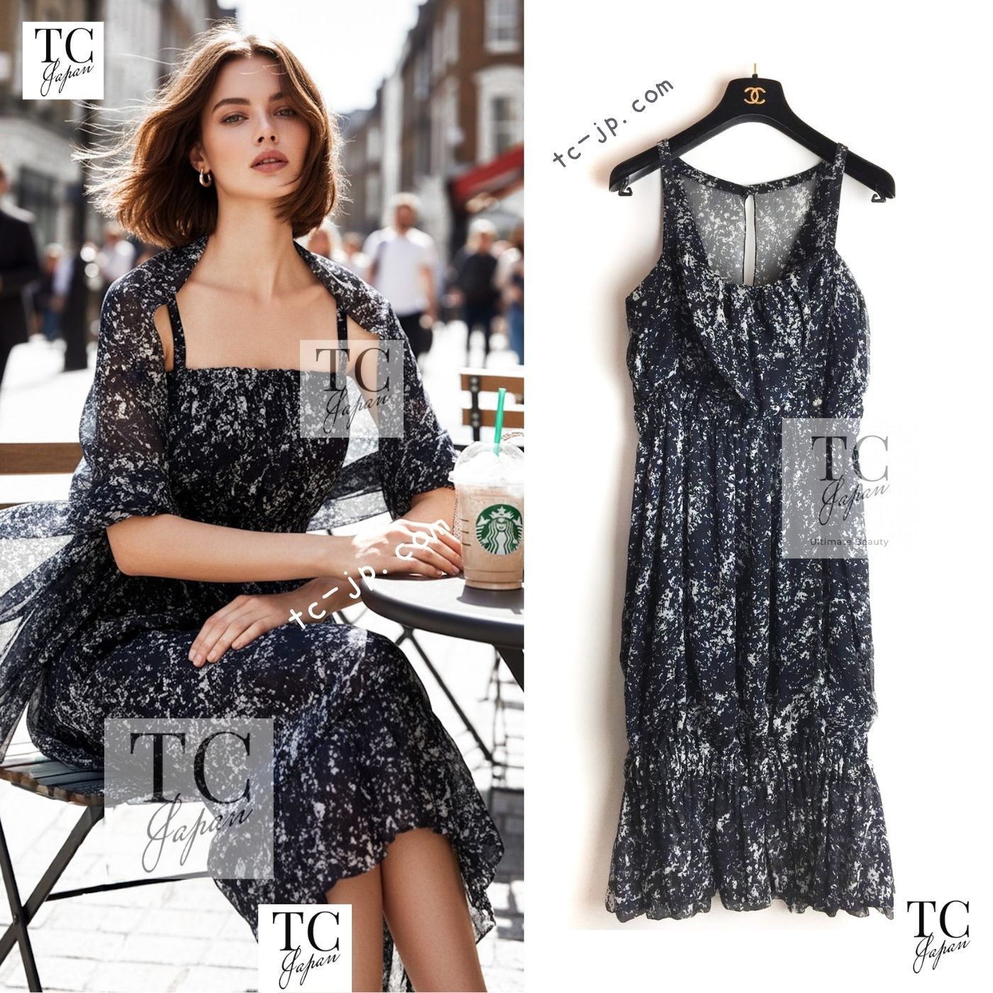 シャネル ワンピース CHANEL ネイビー ブルー 濃紺 シルク シフォン シルク ストール付き 111万 カール・ラガーフェルド 貴重 超美品 40