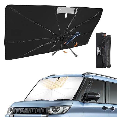新型 三菱 デリカミニ 専用 傘型サンシェード 車種専用設計 360°回転可能 遮光 断熱UVカット フロントガラス用 10本骨グラスファイバー ワンタッチ収納 取付簡単 収納袋付き（DELICA MINI 2023年5月-現行対応）ts fee97b31
