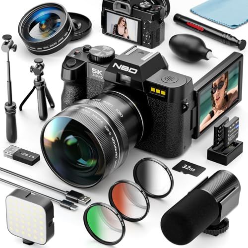 ☆新品☆NBD 6400万画素 5K一眼レフカメラ｜F1.8大口径レンズ・180度回転モニター｜デュアルバッテリー200分撮影｜Wi-Fi遠隔操作・16倍ズーム｜外付けマイク付属｜Vlog・旅行・初心者向けデジタルカメラ｜64GB TFカード d465c7bd