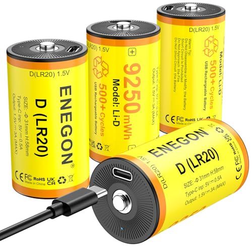 ENEGON 4 個入り単 1 形充電式電池セット9250mWh 充電式リチウムイオン単 1 形電池｜電圧 1.5V LR20 規格｜USB-C ケーブル付属｜キャンプライト・ラジオなど各種機器に対応(沖縄・離島の方不可) d7d9db9f