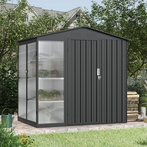 【グレー?温室付き】OSJ物置屋外スチール可動棚倉庫戸外収納庫W180D121H180cmおしゃれ大型防さび防水ドア付きロック付きガーデニ
