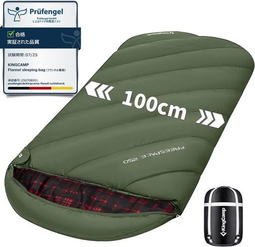 KingCamp寝袋シュラフフランネル生地冬用オールシーズン封筒型大きいサイズ幅100cm2.1KG防水洗えるsleepingbag災害防災アウトド
