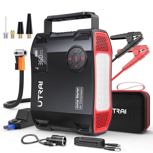 UTRAI ジャンプスターター 27000mAh 電動空気入れ エンジンスターター ピーク電流5000A バッテリー上がり対策 DC/USB出力搭載 安全保護機能 LED緊急ライト モバイル電源 QC3.0急速充電 12V車用スターター（ガソ 1085dc44
