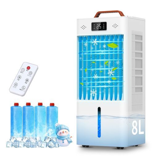 冷風扇冷風機冷風扇風機強力冷風8L大容量タンク搭載!イオン式空気清浄機能付き冷風扇【6段階風量調節/自動首振り/3面水冷フィル
