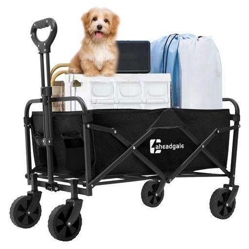 AHEADGALEキャリーカートキャリーワゴン耐荷重100kg折りたたみアウトドアワイドタイヤ搭載120L大容量BBQ釣りキャンプ(ブラック(M