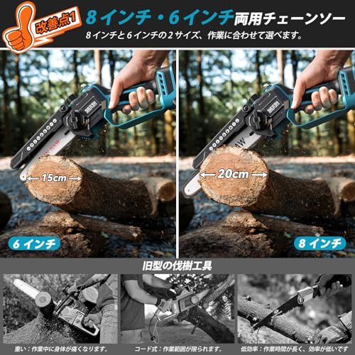 【2026 新型 最強力】SEESII 充電式ハンディチェーンソー 8 インチ & 6 インチ両用 ブラシレスモーター 高枝切り延長ポール対応 2 個 2000mAh 大容量バッテリー 自動給油 工具レスチェーン調整 コードレス 片手操作 軽 84d5110b