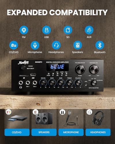 Moukey パワーアンプ システム マイクミキサー 220W Bluetooth対応 デュアルチャンネルサウンドオーディオステレオレシーバー モニタリング/USB、SD、AUX、MIC IN/エコー、ラジオ、LCD-ホームシアターエンターテ 98295997